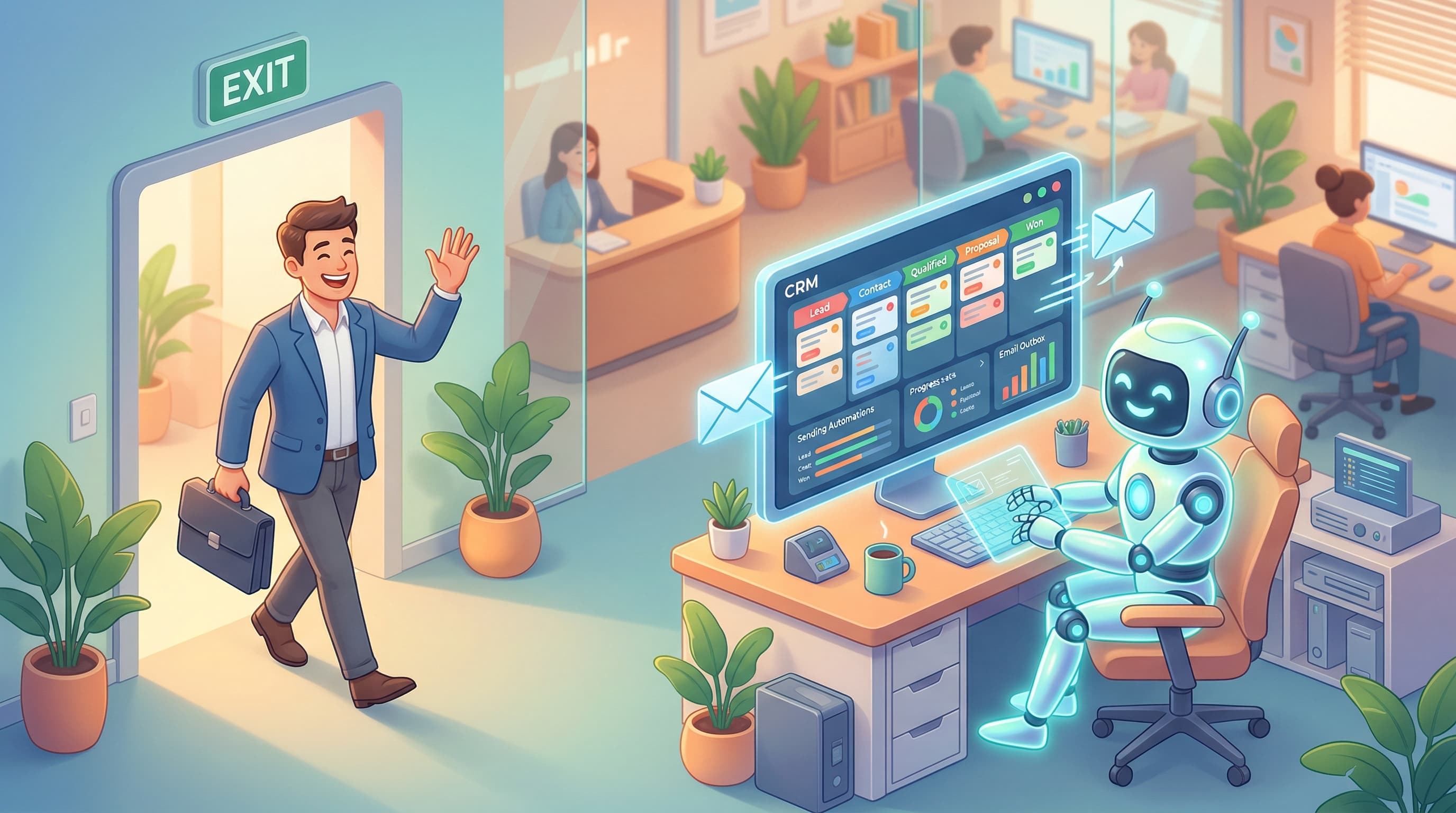 AI agent managing a CRM dashboard while business owner walks away free