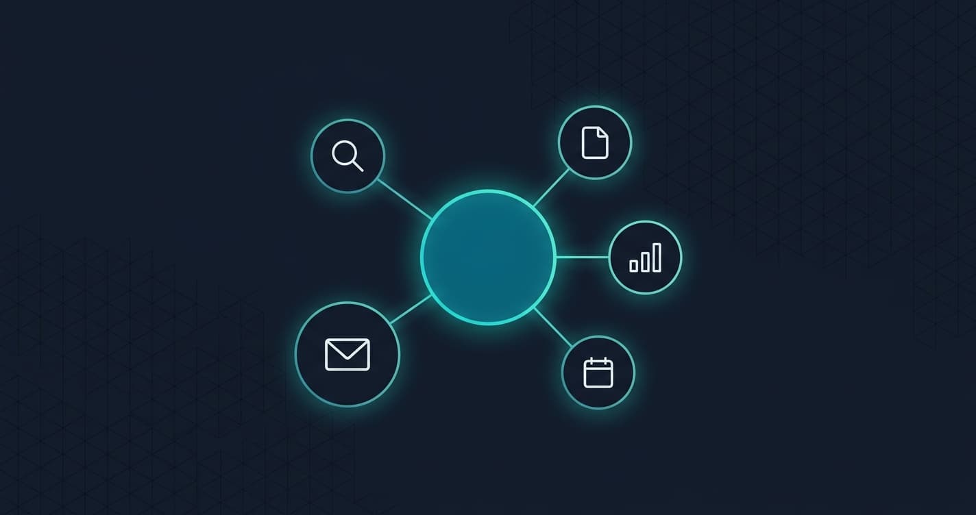 AI agent network diagram, central node connected to business task icons