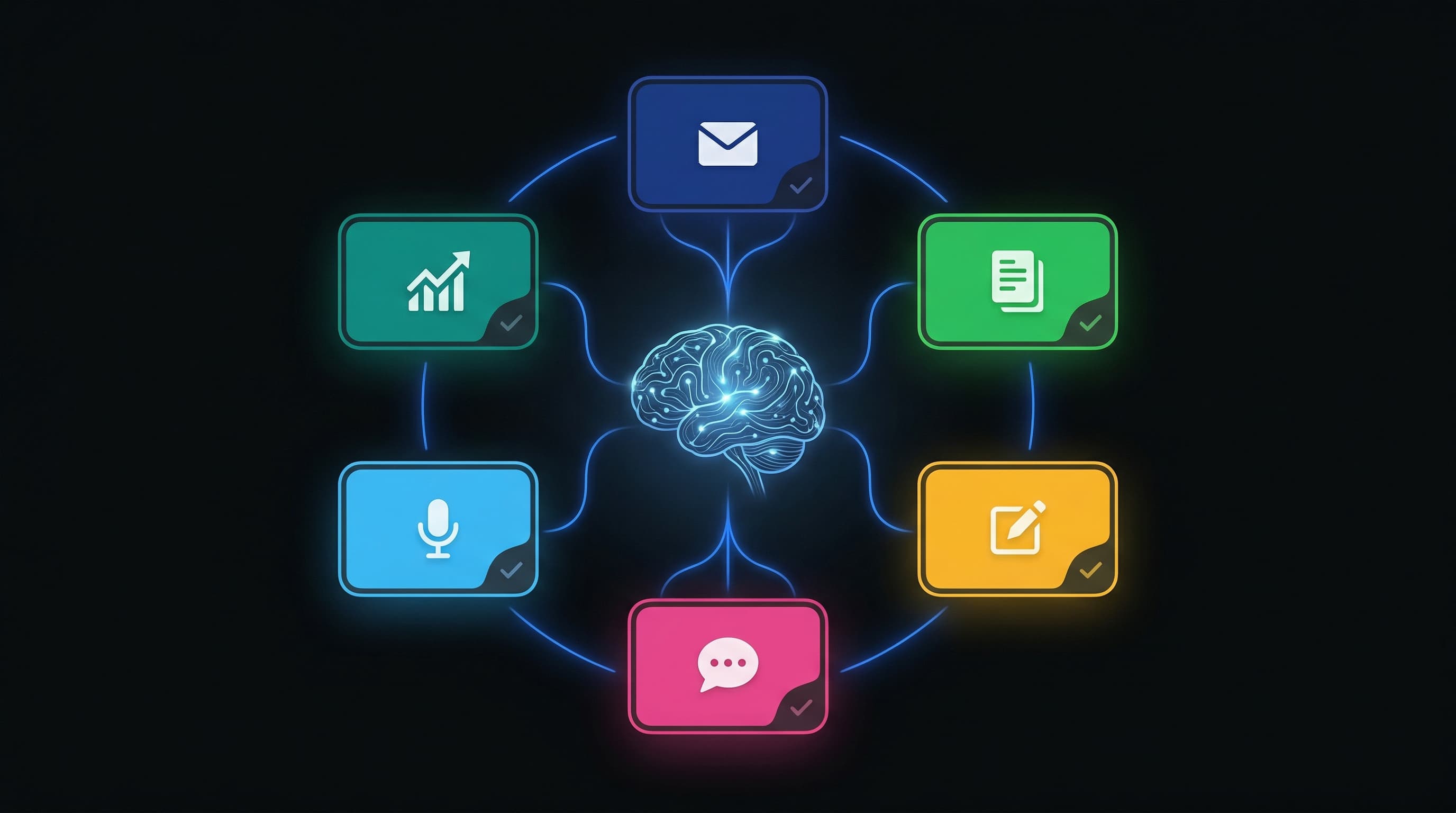 Six AI automation task cards connected to a central AI brain, email, documents, content, chat, voice, sales