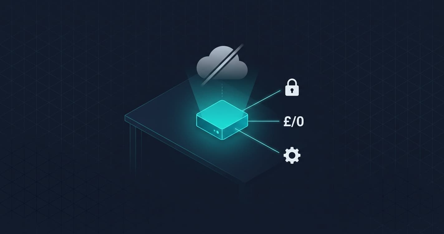 Local AI server on desk with privacy, cost, and control icons connected