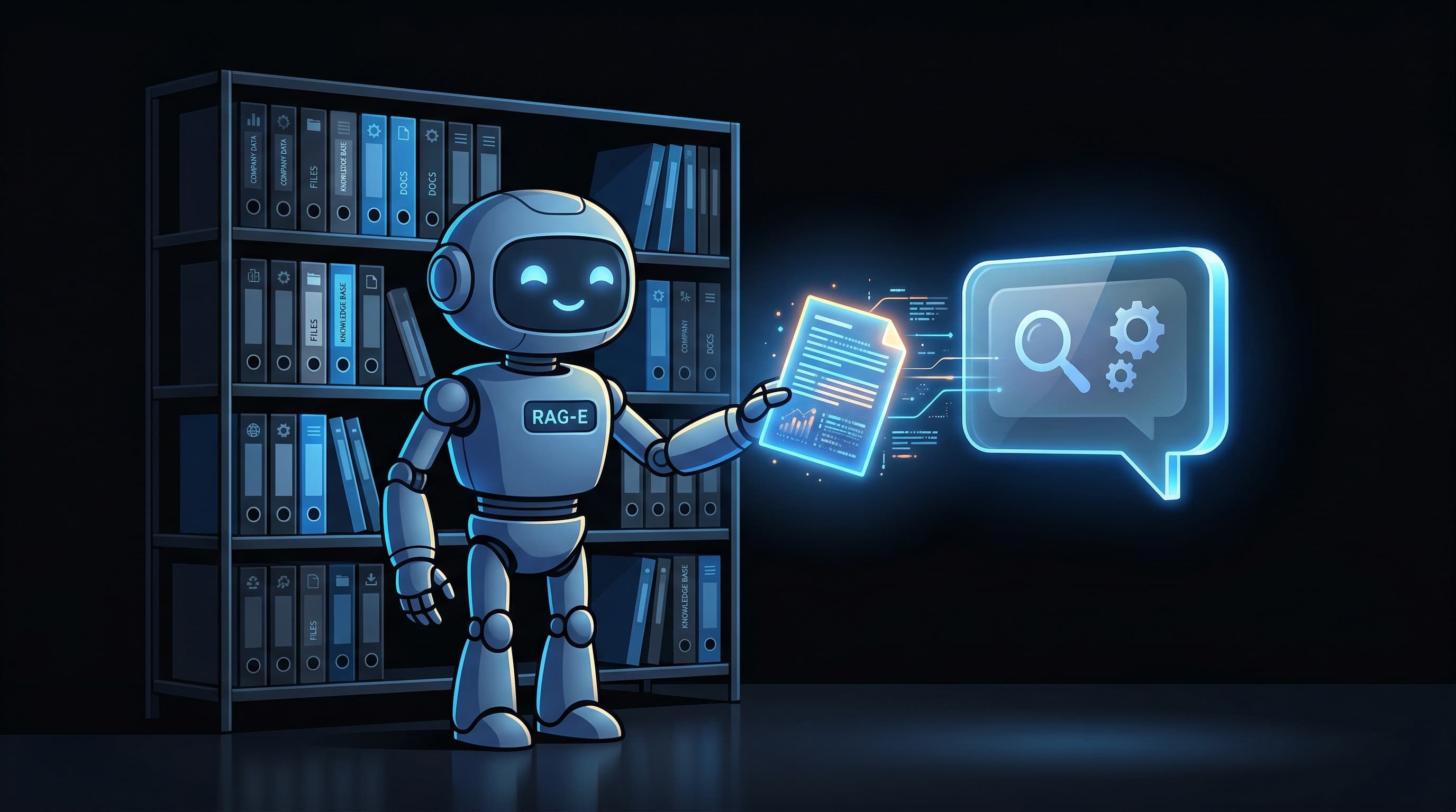 Friendly robot librarian handing a glowing document to a chat bubble, RAG retrieval concept
